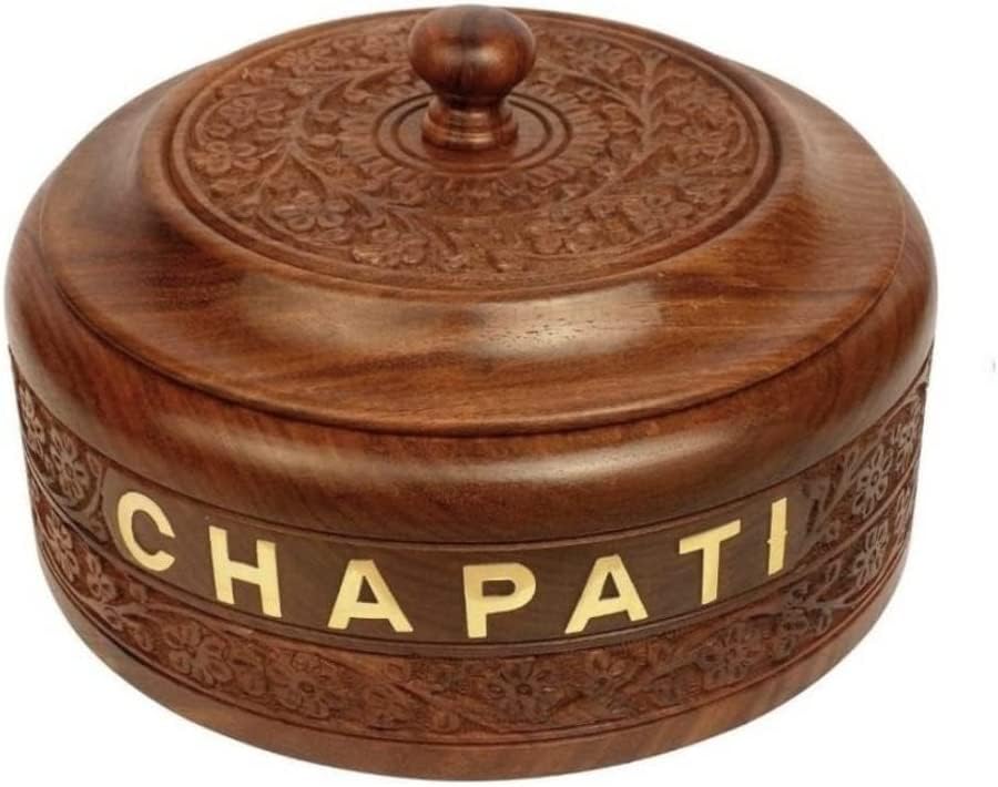 wooden chapati box/casserole with steel for chapati/roti, size : 8"", Brown